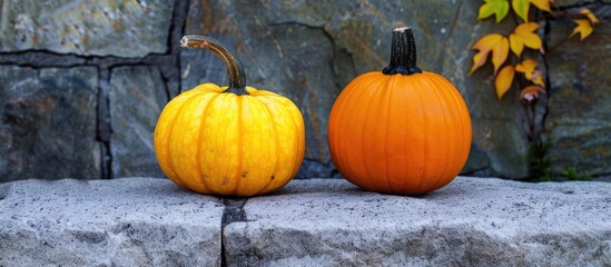 Aufkleber - A pumpkin duo one orange one yellow set against a stone backdrop in a spooky Halloween themed copy space image