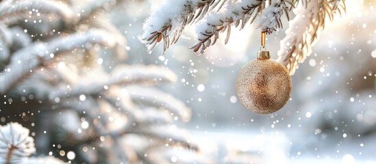 Poster - Glittery Christmas bauble hanging on a snow covered fir tree branch creating a festive winter scene with a perfect copy space image for your text