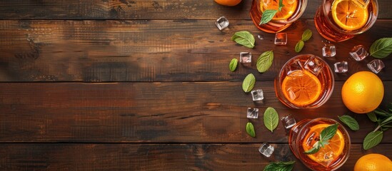 Wall Mural - Wooden background with Aperol cocktails and ingredients displayed creating a visually appealing copy space image