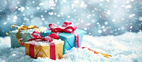 Leinwandbilder - Gifts adorned with colorful ribbons set in a snowy scene with ample white space for adding text or graphics a perfect copy space image