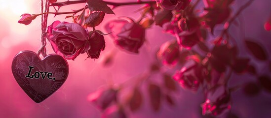 Leinwandbilder - A modern Valentine s Day or Wedding themed image featuring blooming roses on a branch a heart engraved with Love set against a pink background with a hard light casting dark shadows offering copy spac
