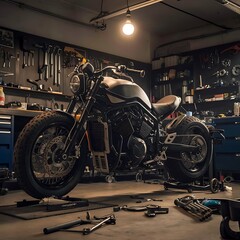 Create a detailed view of a heavy bike resting in a well-equipped garage. Tools and bike parts are scattered around, and the bike is bathed in the warm light of a single overhead bulb,