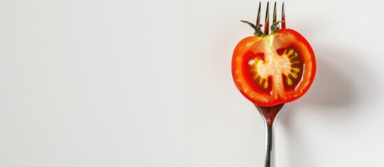 Aufkleber - Fork holding a sliced tomato against a white backdrop with copy space image