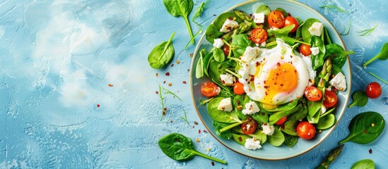 Aufkleber - Top view of vegan warm asparagus salad with spinach cherry tomatoes feta cheese and a poached egg on a light blue background with space for text or images. Creative banner. Copyspace image