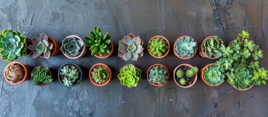 Poster - Various house plants like Haworthia and Echeveria arranged in pots on a grey tabletop in a flat lay style providing copy space for text