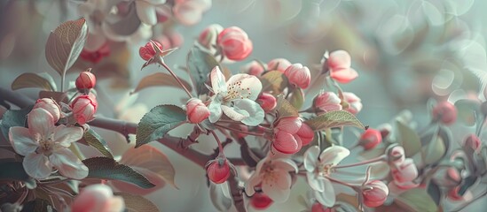 Fototapete - A serene setting showcasing blossoming paradise apples against a muted backdrop perfect for a copy space image