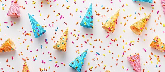 Poster - Top view pattern of a birthday party concept on a white background with copy space image included