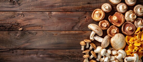 Aufkleber - Various types of edible mushrooms displayed on a wooden table with copy space image