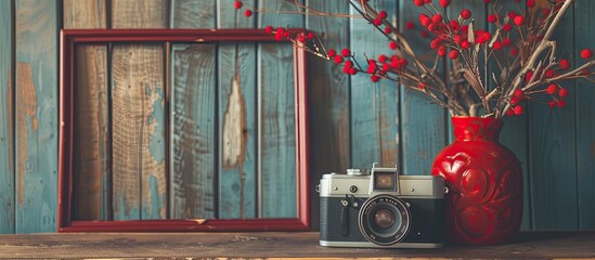 Leinwandbilder - A vintage camera an elegant frame and a red vase with dried flowers on wooden boards create a charming composition with a copy space image