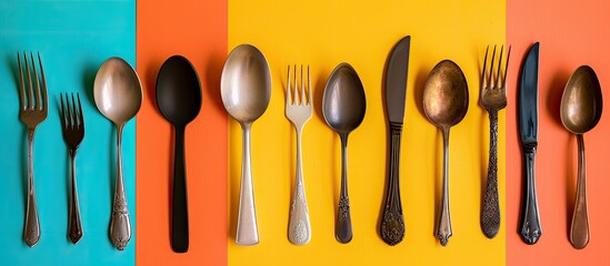 Aufkleber - Various types of cutlery arranged on a colorful background with room for a caption in a copy space image