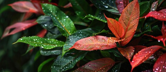 Aufkleber - In a lush forest setting there are tropical leaves in vibrant red and green hues capturing a serene moment with a dewdrop ideal for a copy space image