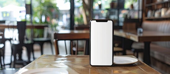 Poster - Utilizing a cell phone featuring a white empty screen in a cafe setting for advertising purposes with copy space image