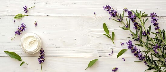 Poster - A white wooden table background with cosmetic cream product samples and lavender leaves offering ample copy space image