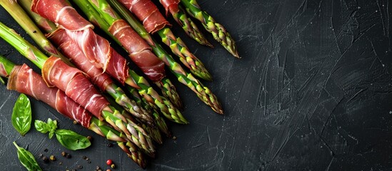 Aufkleber - A top down view of prosciutto wrapped asparagus with a dark backdrop and plenty of space for text or images in the frame. Creative banner. Copyspace image