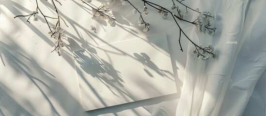 Wall Mural - Flat lay mockup featuring branches and leaves for a letter or wedding invitation capturing natural light and shadows creating a visually appealing copy space image