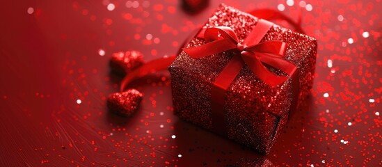 Poster - Red glittery gift box with a ribbon and small hearts from a top down perspective ideal for a love themed image with room for text. Creative banner. Copyspace image