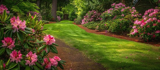 Poster - Pink Rhododendron blooms grace a garden offering ideal copy space for a greeting card
