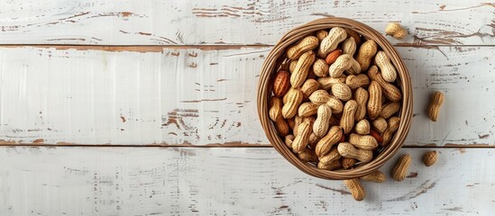 Aufkleber - Fresh peanuts in a basket on a white wooden table viewed from the top with copy space image