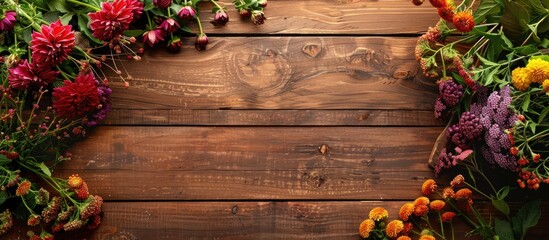 Leinwandbilder - Top view of garden flowers on wooden board in autumn setting with copy space image