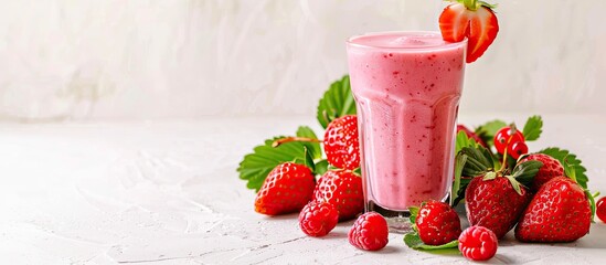Aufkleber - A summer beverage with strawberry milkshake or smoothie in a glass alongside fresh berries on a white background ideal for a healthy diet with copy space image