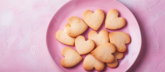 Poster - Heart shaped shortbread cookies arranged on a pink plate with a pink background ideal for Valentine s Day Mother s Day or Women s Day suitable for sweet holiday baking with a top view and copy space i