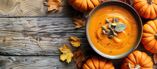 Aufkleber - Plate of creamy roasted pumpkin soup with fresh pumpkins and seeds on wooden backdrop presenting a copy space image