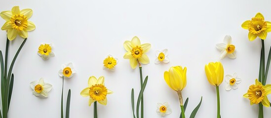 Aufkleber - A floral mockup template with a frame of yellow narcissus and tulip flowers on a white background for a top down view with empty space for image placement. Creative banner. Copyspace image