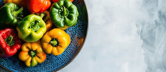 Poster - A variety of fresh bell peppers in different colors arranged on a blue plate against a white backdrop The image focuses on the multicolored peppers from a top view leaving space for text or other ele