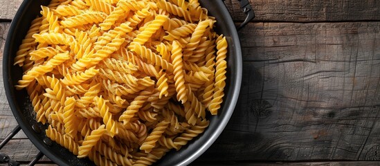 Wall Mural - Uncooked pasta in a pan on a rustic wooden backdrop showcasing a copy space image