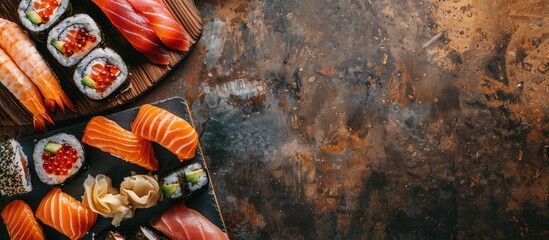 Aufkleber - Top view of a variety of sushi rolls including salmon trout tuna tobiko caviar and nori on a rustic table with copy space for text representing a healthy and ready to eat meal