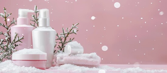 Poster - Winter skin care products displayed on a pink background with copy space image