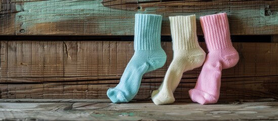 Poster - Three pairs of pastel colored socks displayed on a wooden background with open space for text or images. Creative banner. Copyspace image
