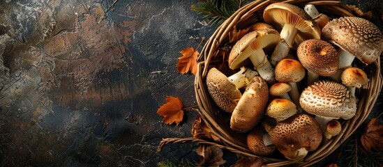 Poster - A variety of forest mushrooms like boletus cep porcini and chanterelle harvested in Karelia during late summer and autumn fill a wooden wicker basket creating a natural food scene with banner copy sp