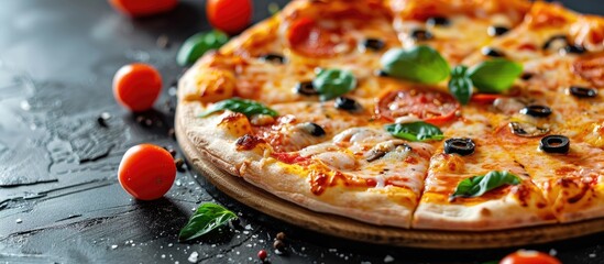 Poster - A table with a black background displaying a delicious pizza in the center with ample copy space image