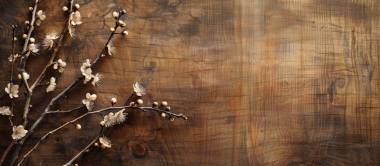 Poster - A picture of blooming willow branches against a wooden backdrop provides ample copy space image
