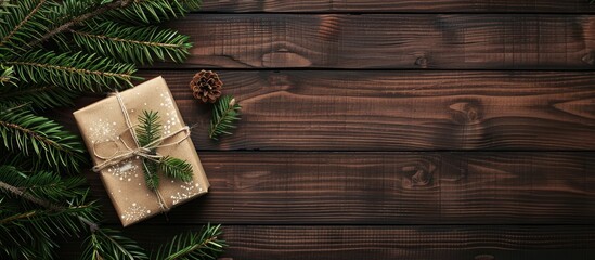 Poster - Rustic wooden background with festive Christmas gift box in craft paper decoration beneath fir branches for New Year celebration featuring a cozy atmosphere and ample copy space image