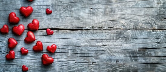 Poster - Valentine s Day concept with red heart shapes on a wooden background in a copy space image