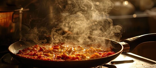 Poster - A pizza pan with steam rising ready for a fresh slice in front of a copy space image