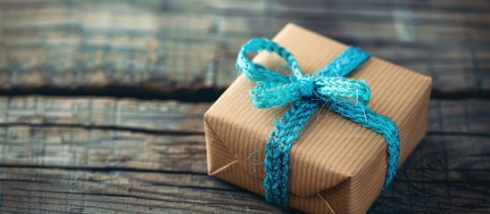 Poster - A gift with a blue braid on wooden surface showcasing a copy space image