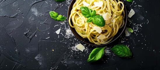 Aufkleber - Traditional Italian dish featuring pasta drizzled with pesto sauce topped with parmesan cheese and fresh basil on a black background with copy space image