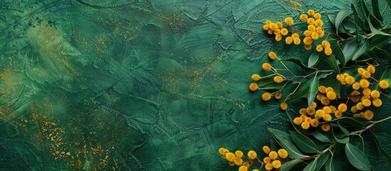 Poster - Floral arrangement featuring mimosa flowers on a green backdrop for text in a flat lay copy space image