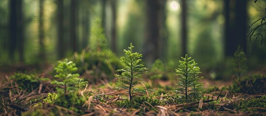 Aufkleber - Forest with copy space image featuring young fir trees focused in the background