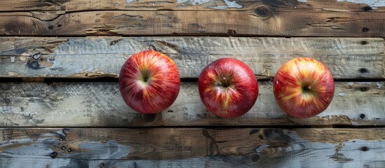 Sticker - Three apples displayed on a weathered wooden surface with copy space image