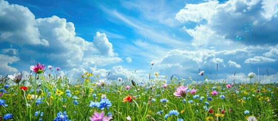 Poster - Under a blue cloudy sky a vibrant field with blooming flowers offers a picturesque view for a copy space image