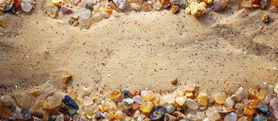 Poster - Top view of sand with small multicolored stones offering a natural and serene appearance in a copy space image