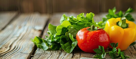 Poster - A fresh vegetable salad featuring greens a yellow bell pepper and a red tomato displayed on a wooden table with a focus on promoting a healthy lifestyle with copy space image
