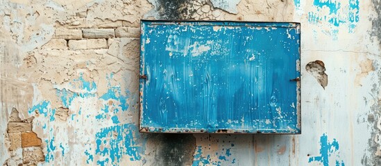 Sticker - A slightly worn blue sign mockup hung on an outdoor wall during the day offers space for a logo placement. Creative banner. Copyspace image