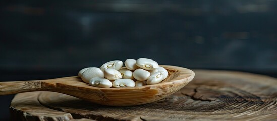 Aufkleber - A wooden spoon on a wooden table holding white beans in a close up image The spoon with beans is set against a black background providing copy space