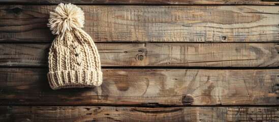 Fototapete - Knitted wool hat displayed on a wooden surface with copy space image