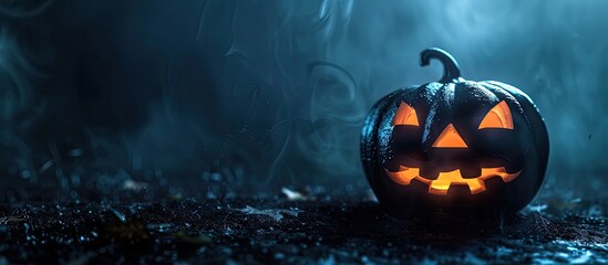 Poster - Spooky jack o lantern with an eerie glow set against a dark backdrop Features copy space image for added effect
